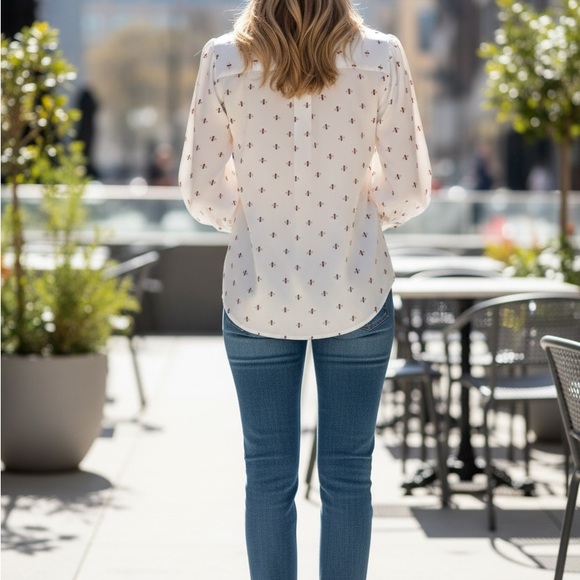 Ann Taylor Ivory Blouse with Deep Orange Bee Print Pattern - Picture 3 of 7